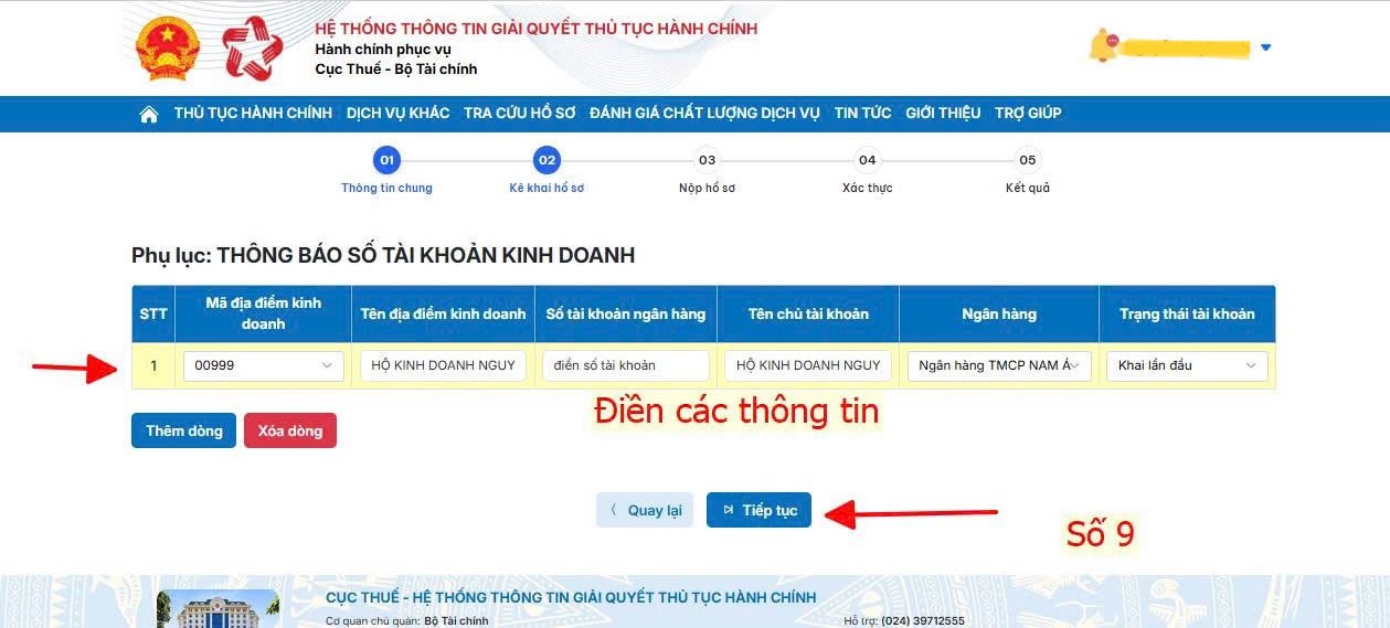 điền các số tài khoản