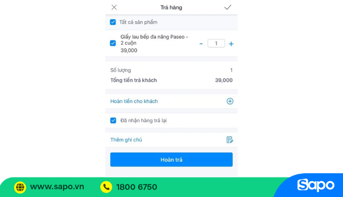 Trả hàng trên app Sapo