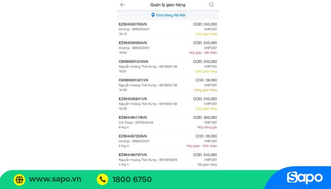 Quản lý giao hàng trên app Sapo