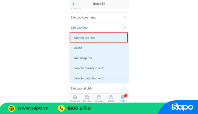 Báo cáo tồn kho trên app Sapo