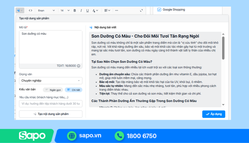 Tạo mô tả sản phẩm bằng AI trên Sapo