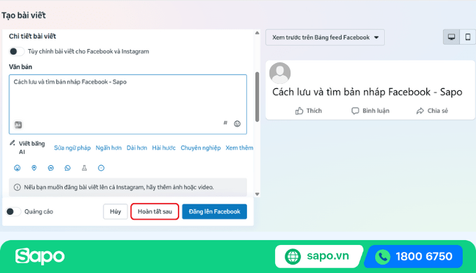 Cách lưu bản nháp cho Fanpage