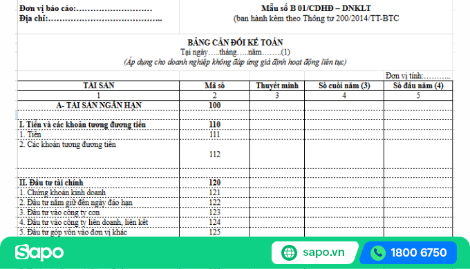 Mẫu bảng cân đối kế toán của doanh nghiệp không đáp ứng giả định hoạt động liên tục