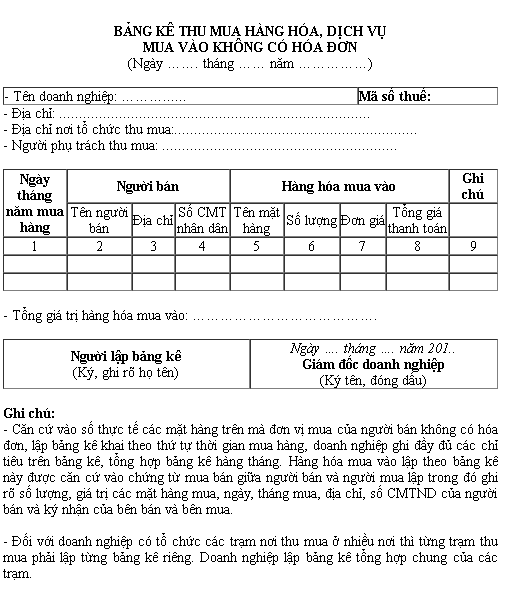 Mẫu bảng kê thu mua hàng hoá