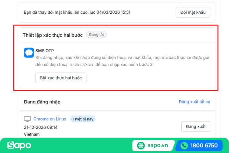 Bật xác thực 2 bước
