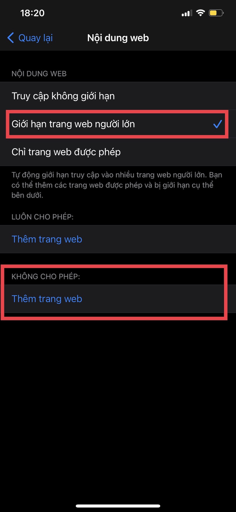 Chặn trang web trên điện thoại IOS