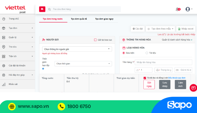 Tạo đơn gửi trên Viettel Post