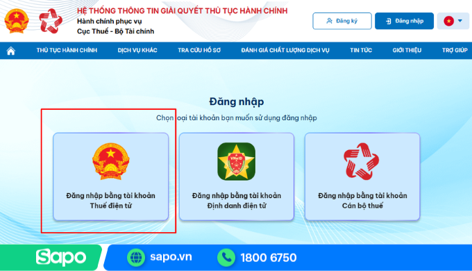 Đăng nhập bằng tài khoản Thuế điện tử