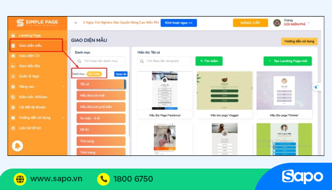 tạo link bio trên tiktok trên simple page