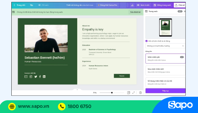 tạo link bio bằng cách xuất bản thiết kế ra trang web