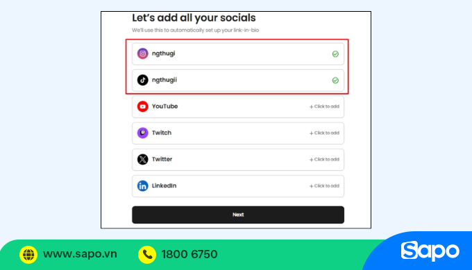 thêm các tài khoản mạng xã hội để gắn link bio trên tiktok