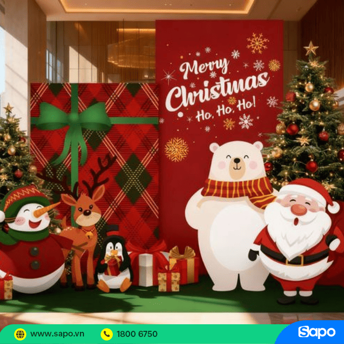 Trang trí giáng sinh với hình người tuyết, ông già noel