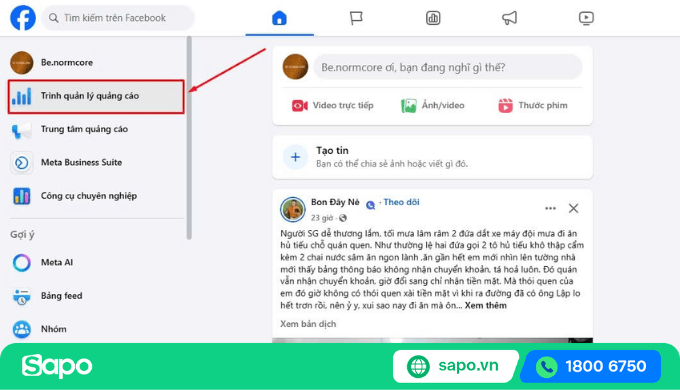 truy cập trình quản lý quảng cáo