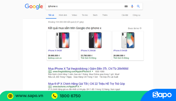 Quảng cáo Google Shopping hiển thị trên trang tìm kiếm.