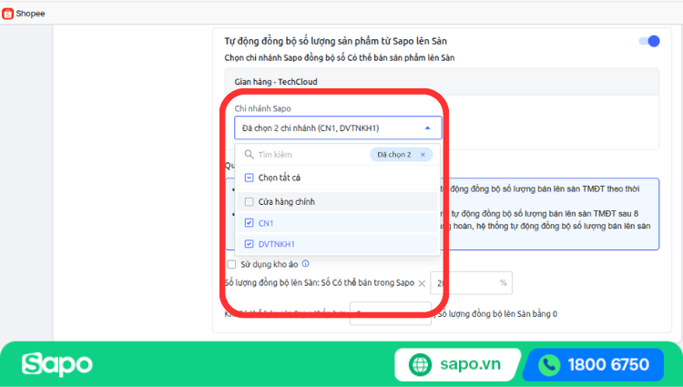 Chọn chi nhánh đồng bộ kho với Shopee