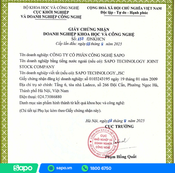 Giấy chứng nhận Doanh nghiệp Khoa học và Công nghệ của Sapo