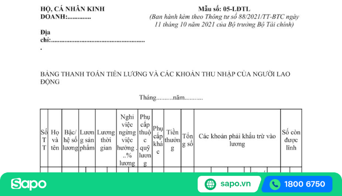 bảng thanh toán lương