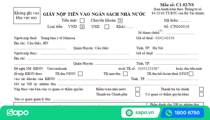 giấy nộp tiền vào ngân hàng