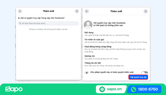 Chọn tài khoản muốn cấp quyền truy cập