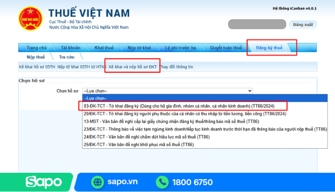 Chọn tờ khai đăng ký