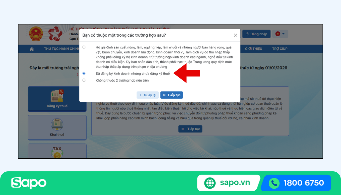 chọn trường hợp đăng ký thuế