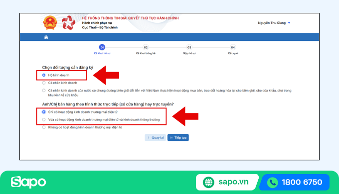 Chọn đối tượng đăng ký và hình thức bán hàng