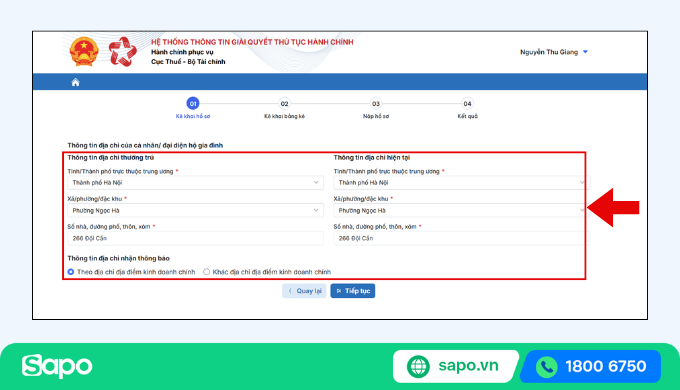 thông tin địa chỉ người đại diện HKD