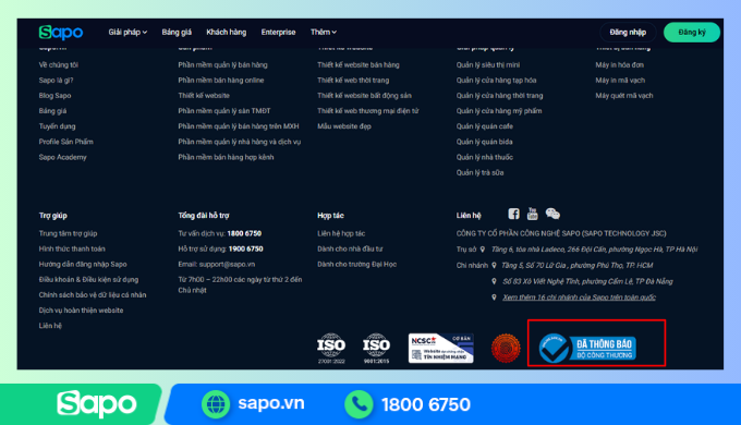 Logo đã thông báo website với Bộ Công Thương trên website Sapo