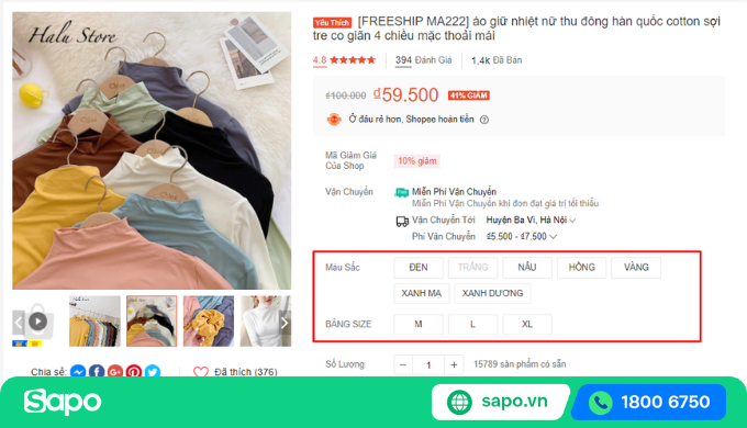 sản phẩm có 2 cấp phân loại hàng