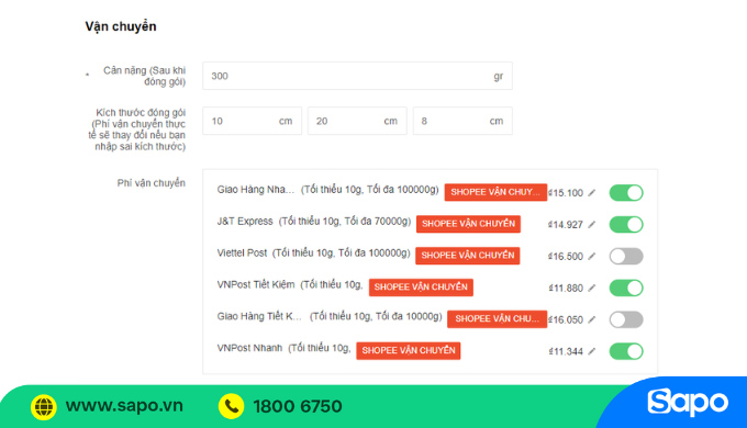 Thiết lập vận chuyển Shopee