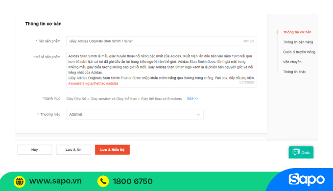Giao diện đăng sản phẩm Shopee