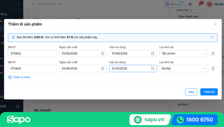 Điền thông tin lô sản phẩm trên sapo