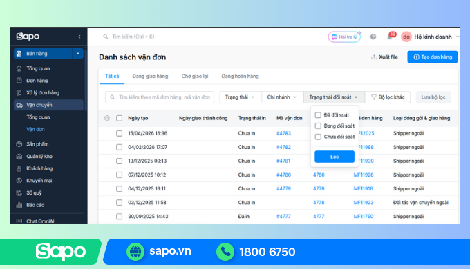 Lọc trạng thái vận đơn theo trạng thái đối soát trên phần mềm Sapo