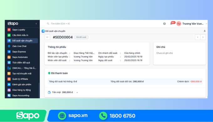 Đối soát vận chuyển trên Sapo