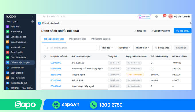 Theo dõi đối soát vận chuyển chi tiết trên phần mềm Sapo