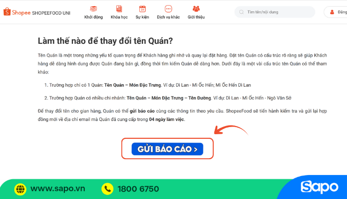 gửi báo cáo đổi tên quán trên shopeefood