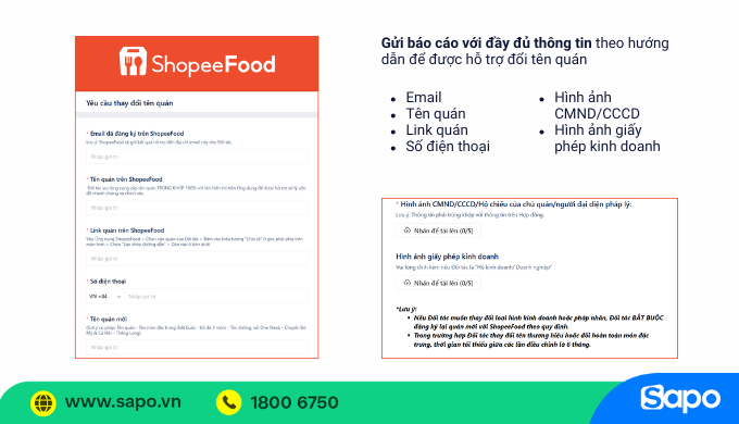 biểu mẫu đổi tên quán trên shopeefood