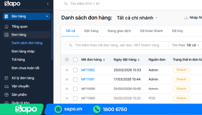 Dữ liệu bán hàng đồng bộ từ các kênh trên phần mềm Sapo