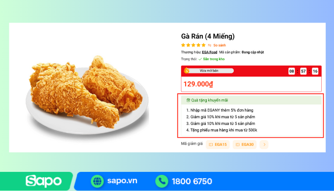 Khuyến mãi trên trang sản phẩm Ega Food
