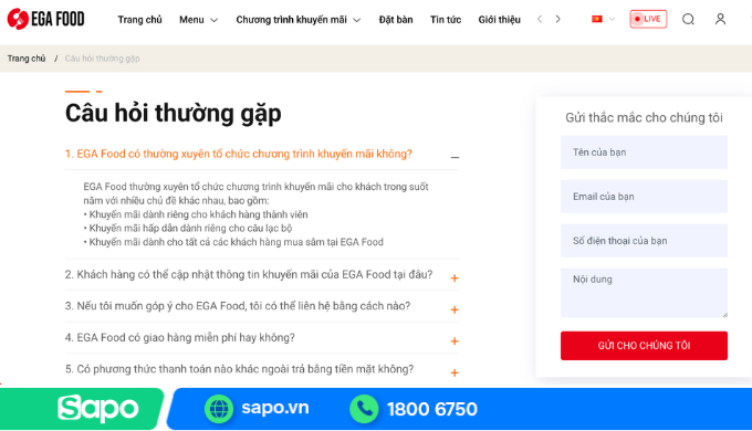 Trang câu hỏi thường gặ trên Ega Food