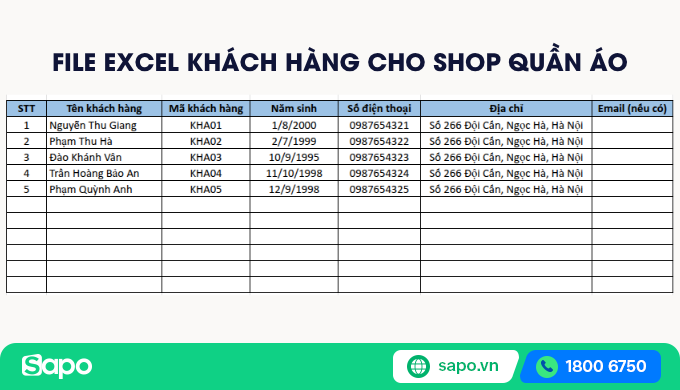 Mẫu file excel quản lý shop quần áo theo thông tin khách hàng