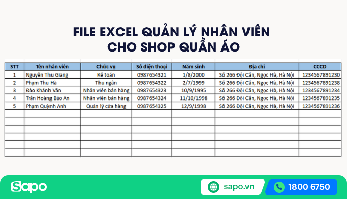 Mẫu file excel quản lý bán hàng quần áo theo nhân viên
