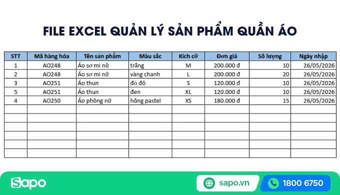 Mẫu file excel quản lý shop quần áo theo hàng hóa