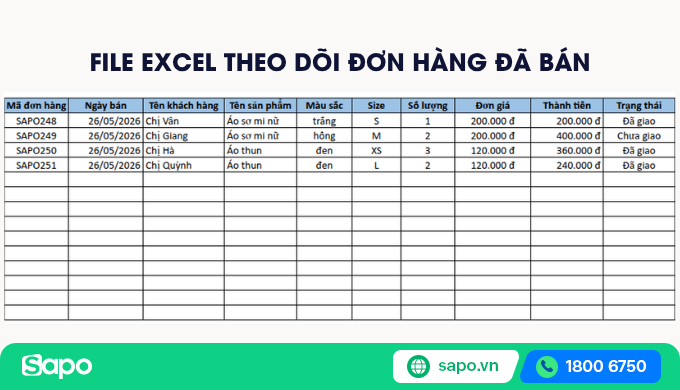 Mẫu file excel quản lý bán hàng quần áo theo đơn hàng