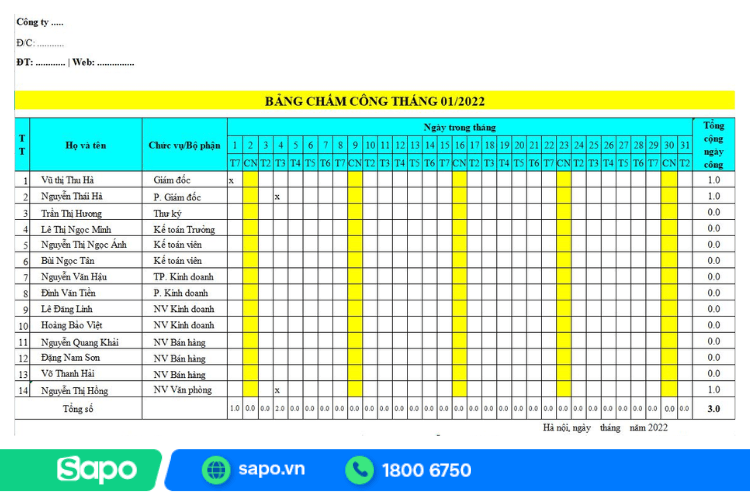 chấm công bằng excel