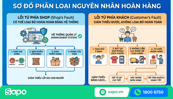 Sơ đồ phân loại 2 nhóm nguyên nhân hoàn hàng với tỷ lệ ước tính và giải pháp tương ứng