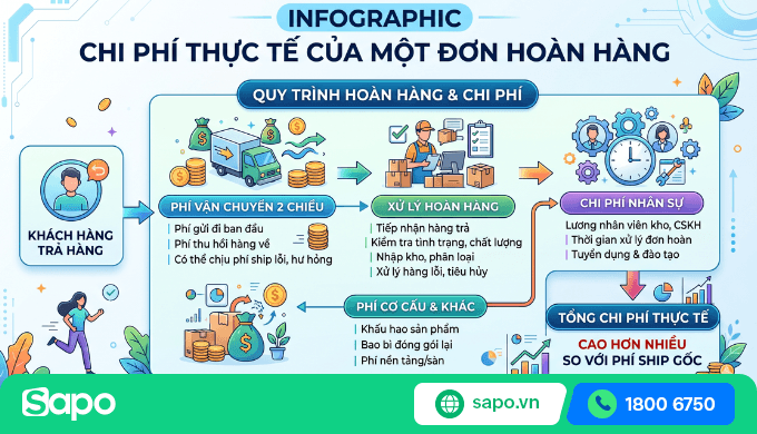 Infographic chi phí thực tế của một đơn hoàn hàng: phí vận chuyển 2 chiều, xử lý hoàn, nhân sự