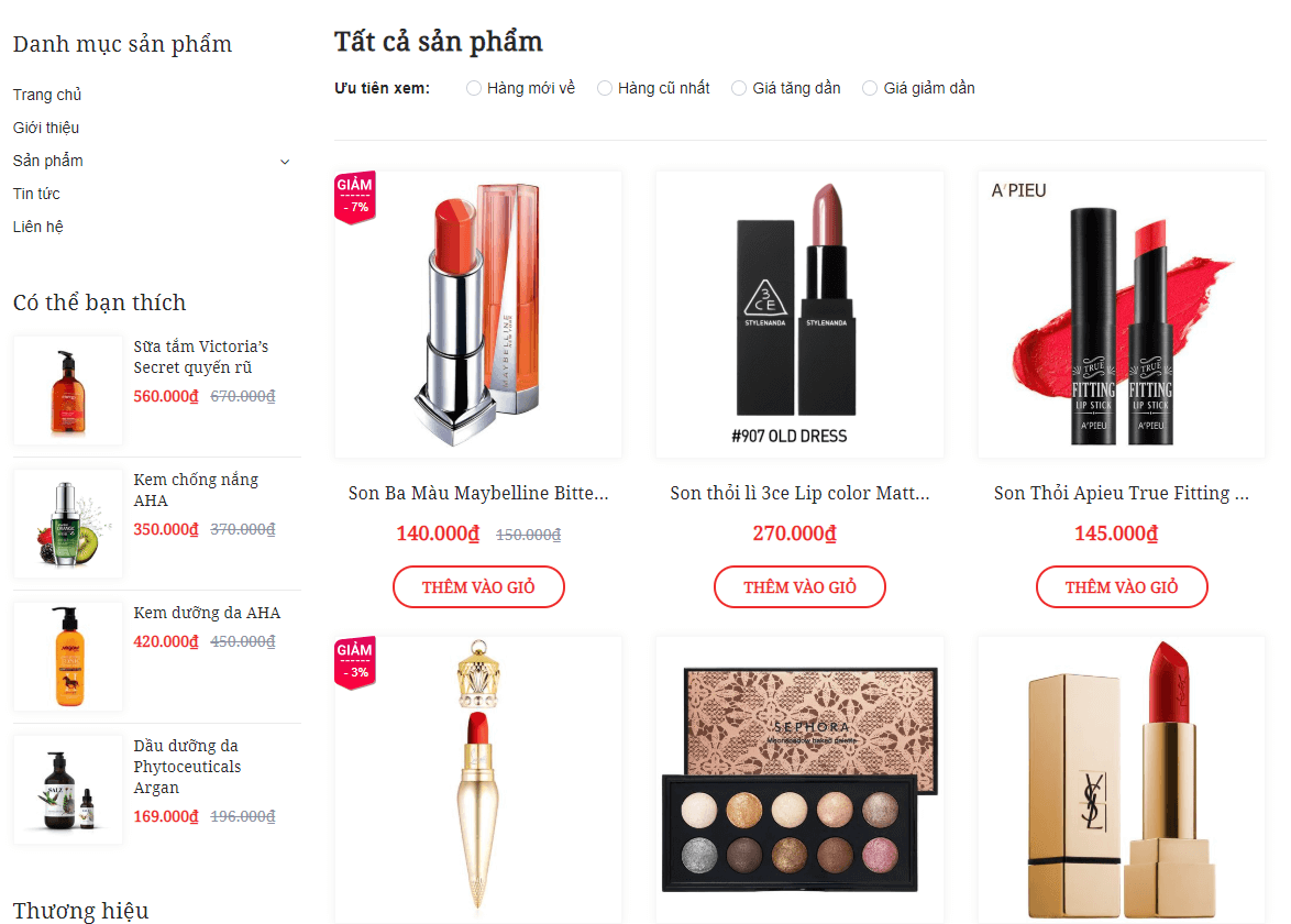 Giao diện cửa hàng mỹ phẩm đẹp