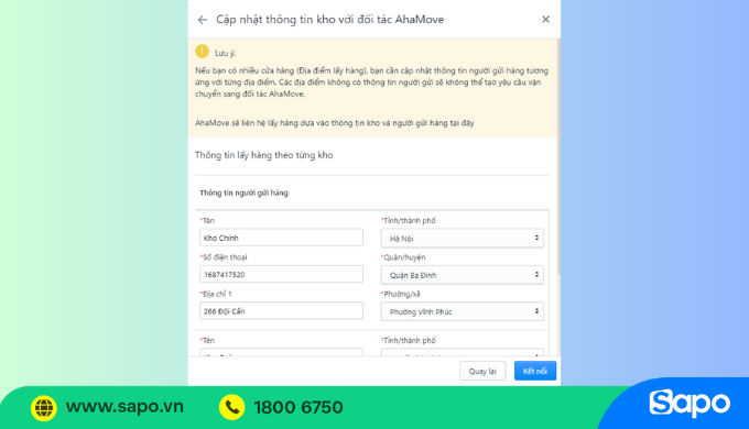 Cập nhật thông tin kho trên AhaMove