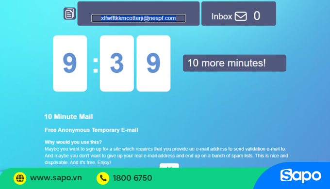 cách tạo gmail ảo bằng 10MinuteMail